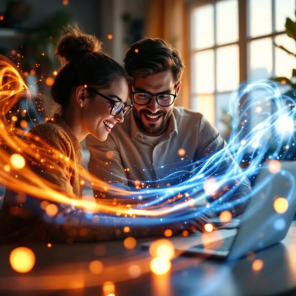 A couple lit up with ideas at their laptop, brilliance flowing around them