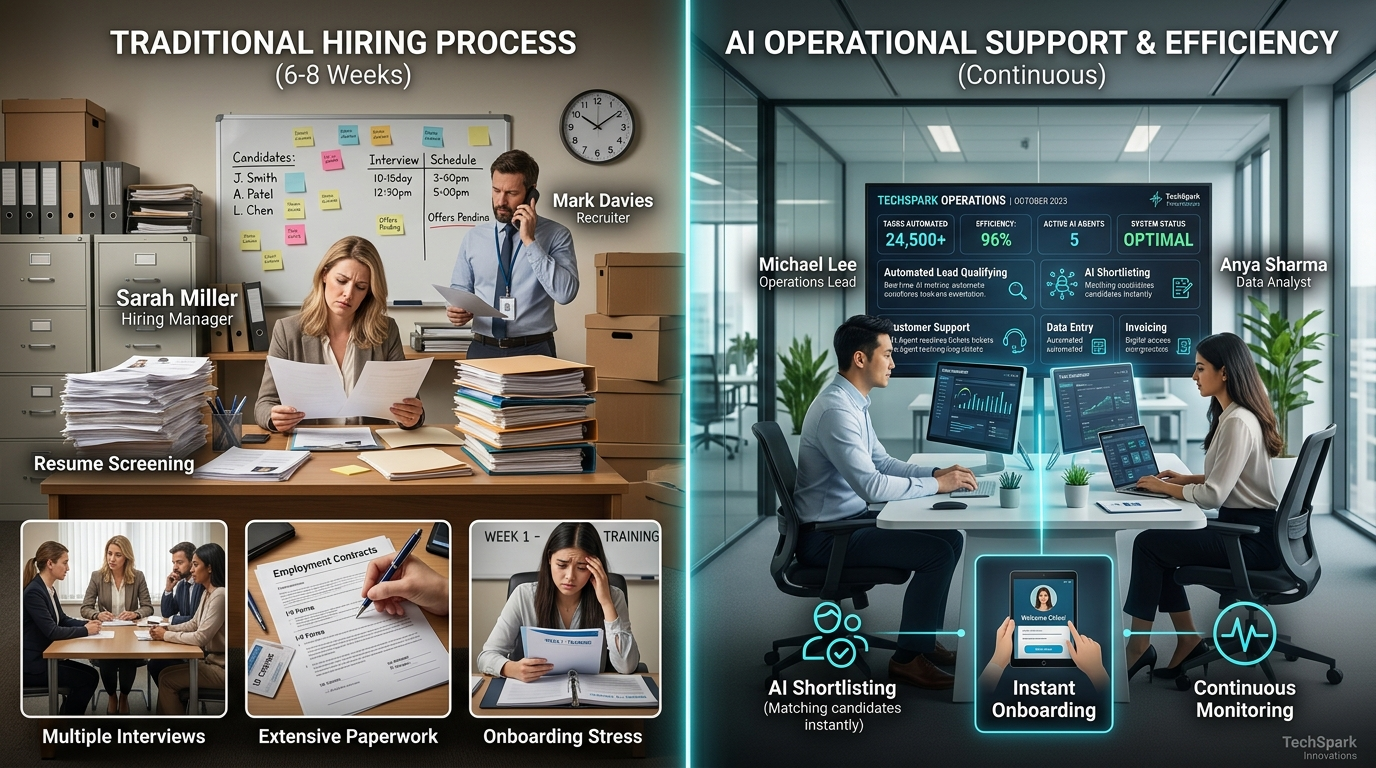 Traditional hiring process compared to AI employee operational support and efficiency for small businesses