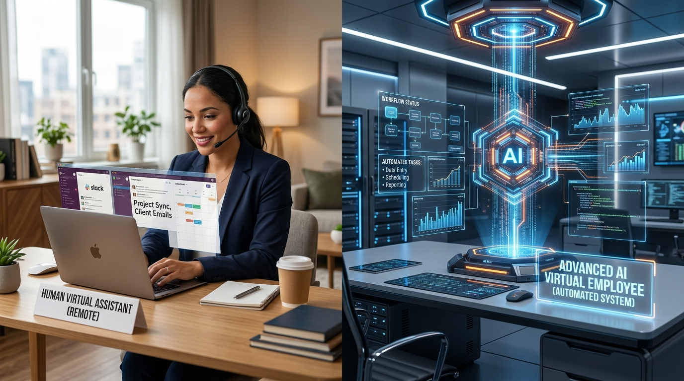 AI employee automation vs human virtual assistant working remotely for small business operations