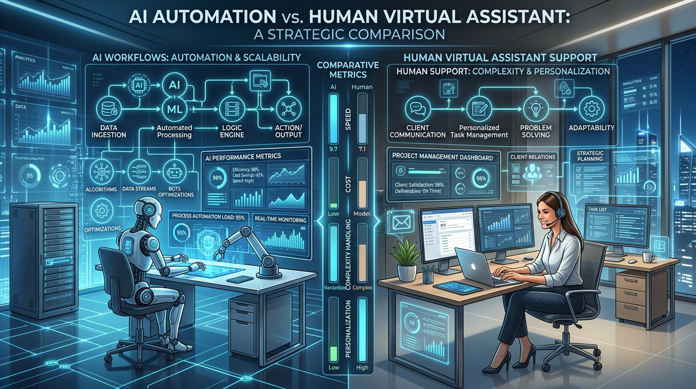 AI automation vs human virtual assistant strategic comparison for small business scalability and workflow efficiency