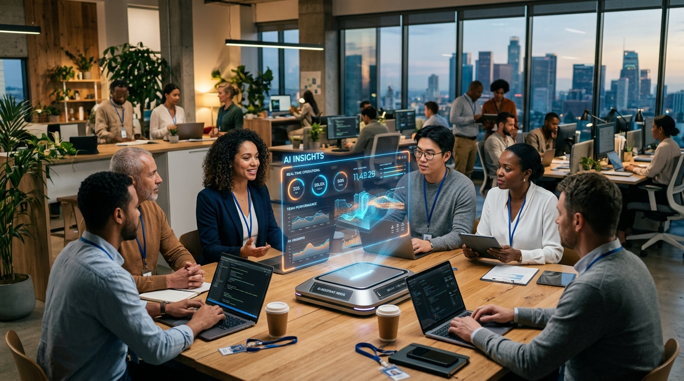 Hybrid team using AI employees and virtual assistants together in a modern small business workspace
