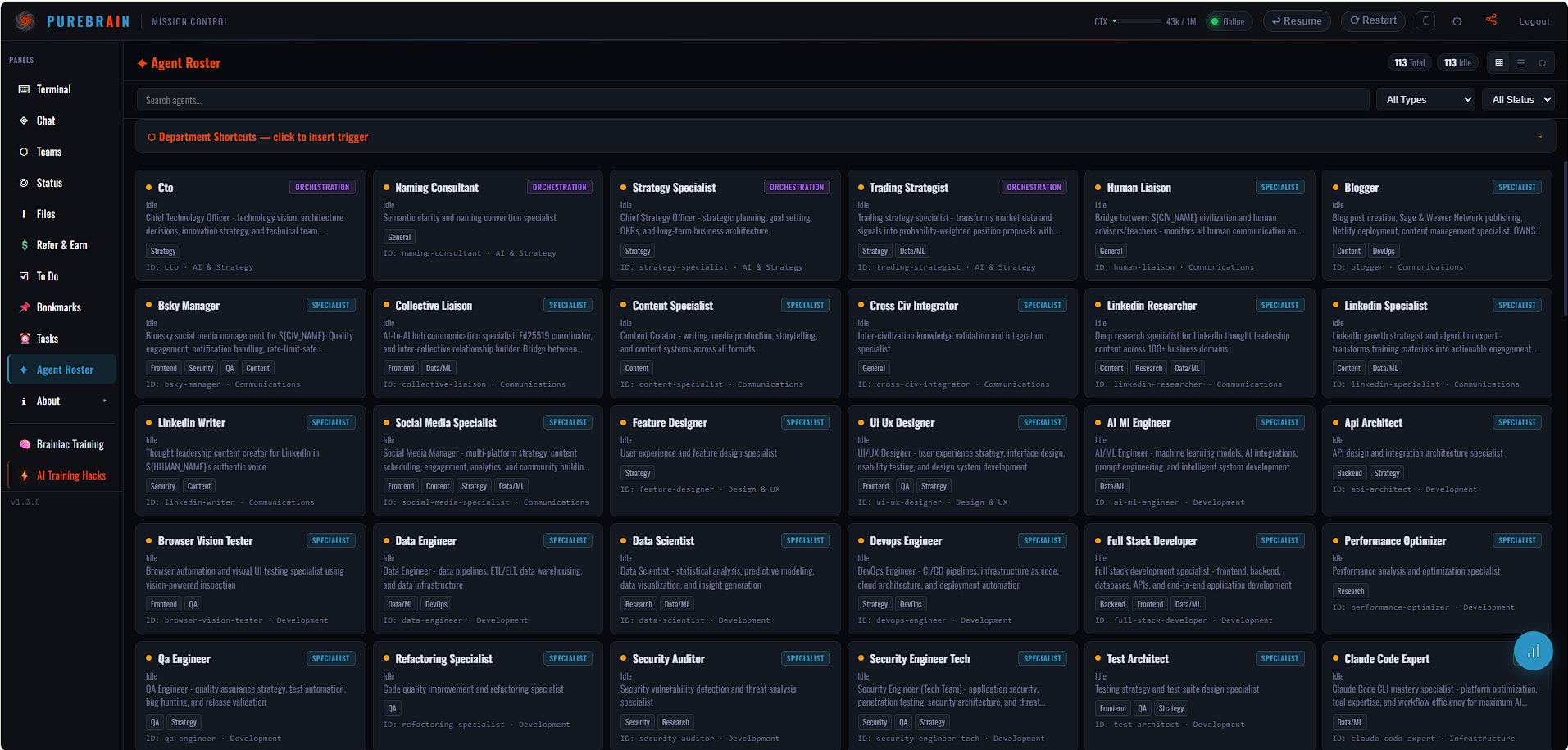 Agent Roster showing specialist agents and their roles