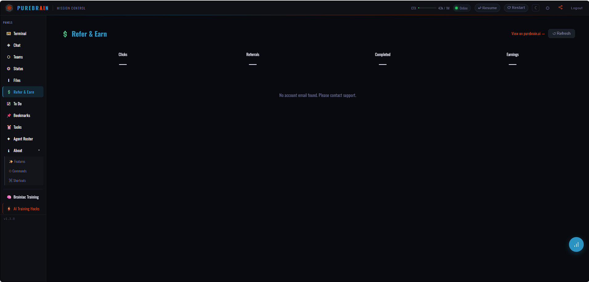 Refer and Earn panel showing referral link and milestones