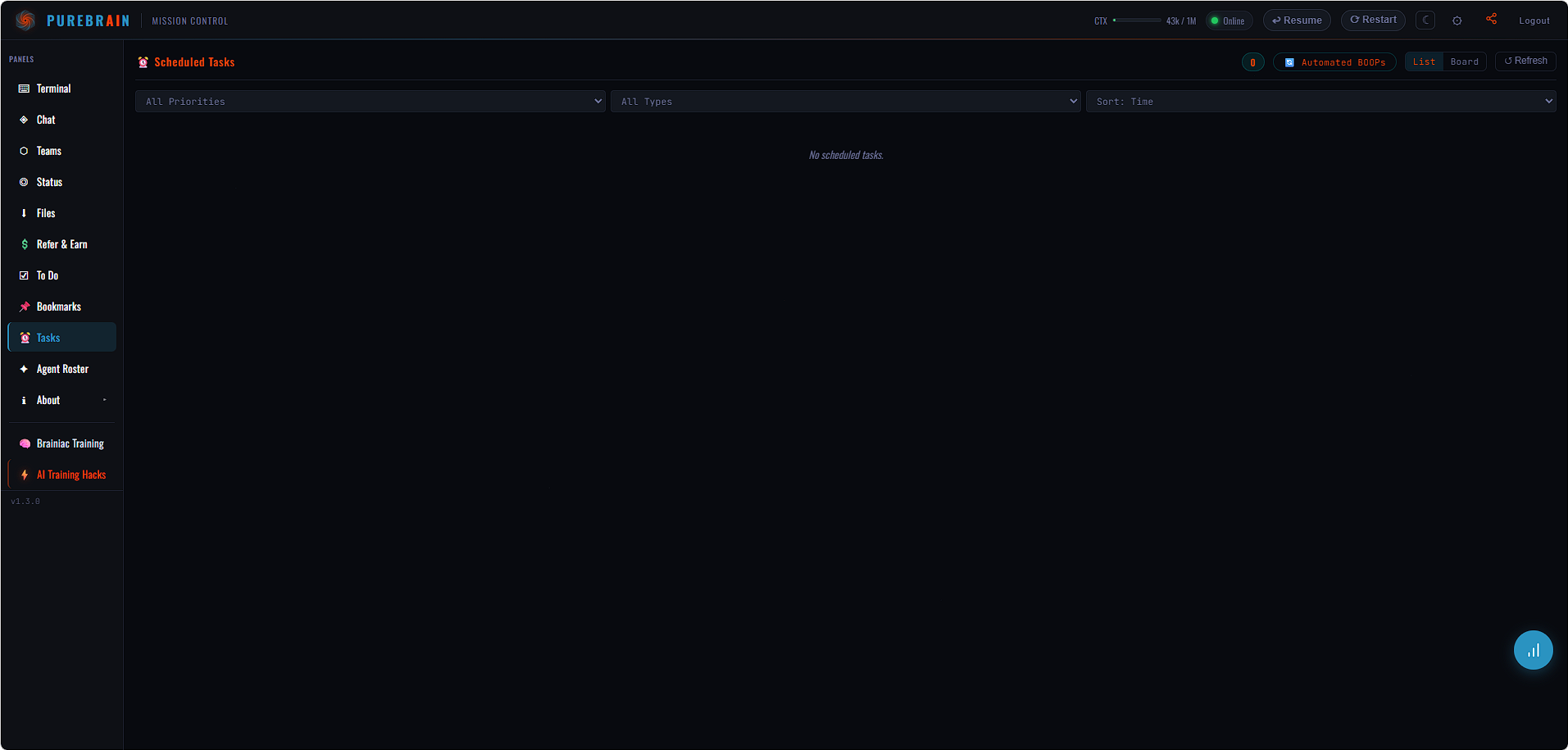 Tasks panel showing active and completed work items